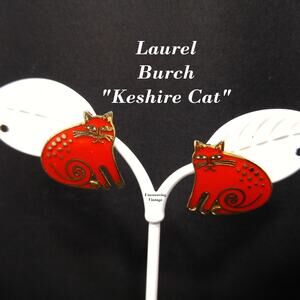 Laurel Burch Keshire Cat Earrings Red Enamel Gold Cloisonné 1980s Vintage